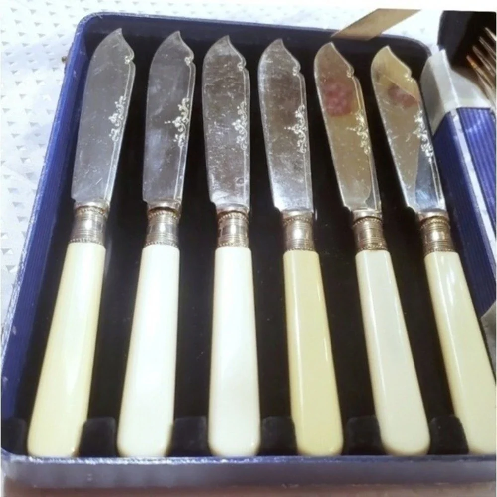 VTG Fish Cutlery English Style Design 6 Sets Forks Knifes faux bone Silver pl